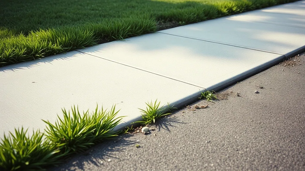 A cut edge where turf meets a concrete drive, fresh clippings scattered across the concrete in low afternoon light
