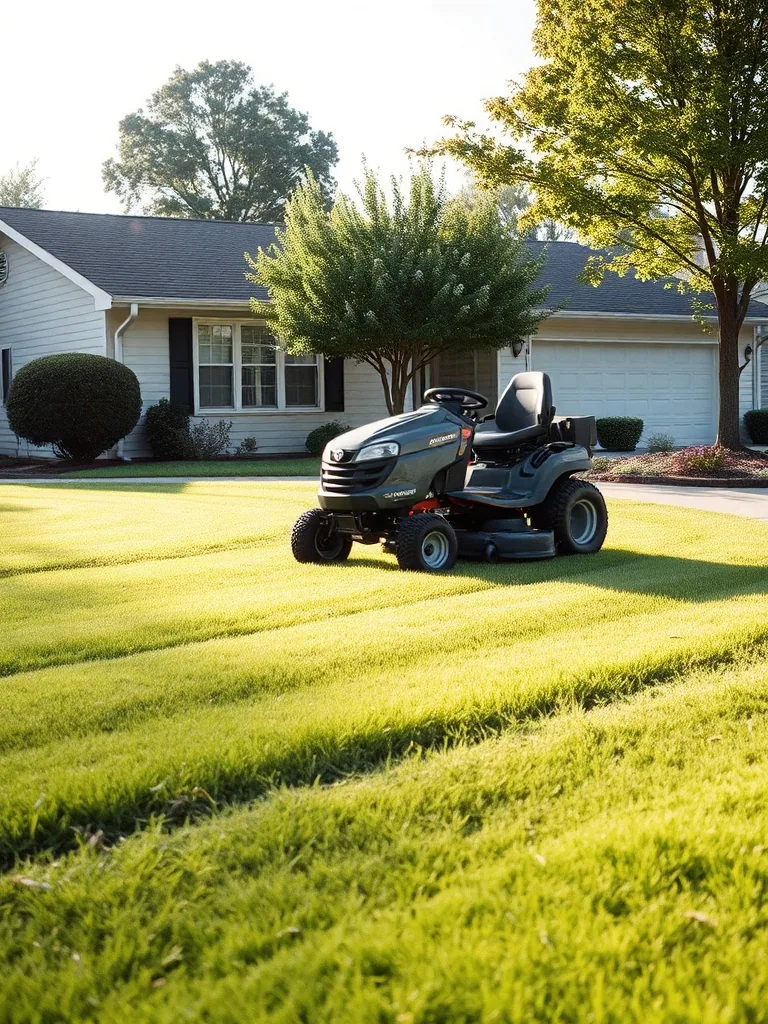 A riding mower parked on a freshly cut suburban front lawn, mowing stripes running across the grass, a ranch house and a maple tree behind