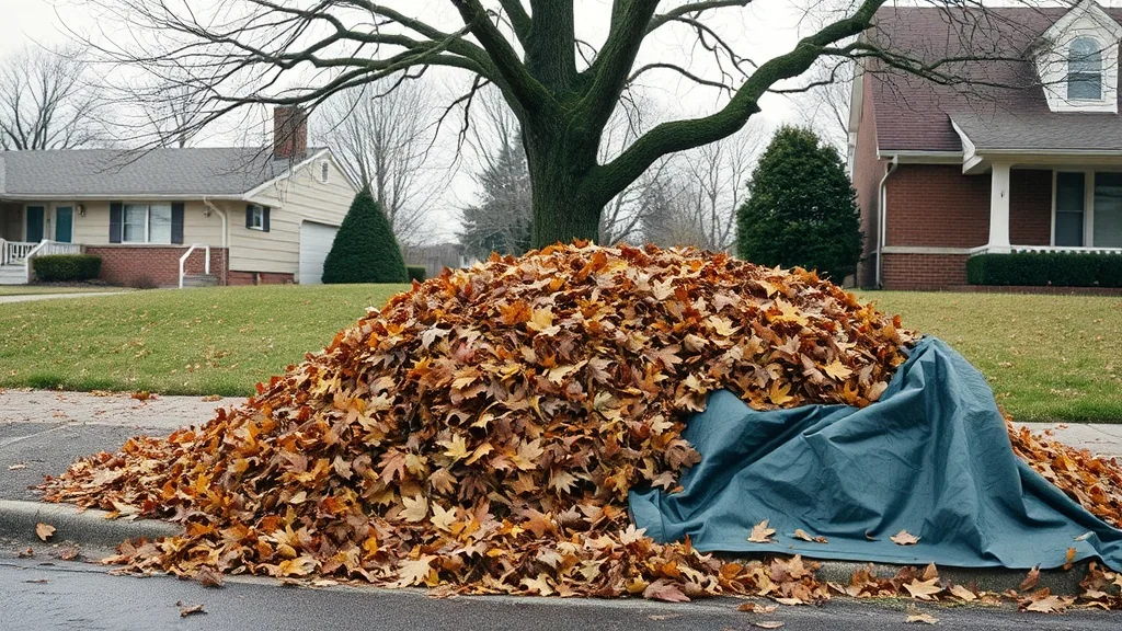 A pile of raked autumn leaves at the curb in front of a suburban lawn with a tarp half loaded beside it