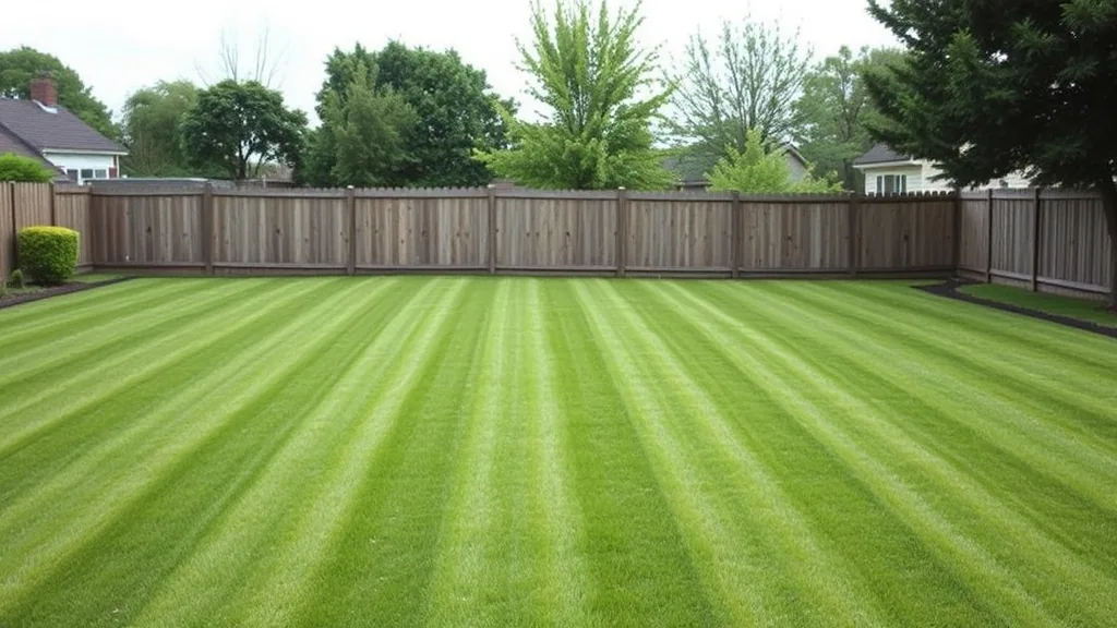 A wide back lawn cut in even alternating light and dark mowing stripes, a wooden fence and trees along the back