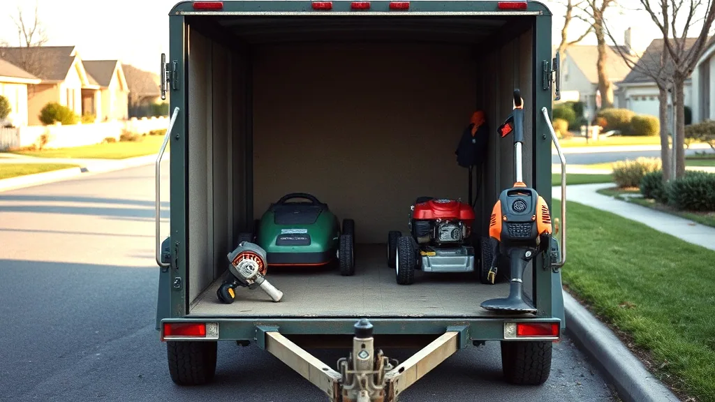 An equipment trailer at the curb of a residential street with mowers and a trimmer loaded in the back